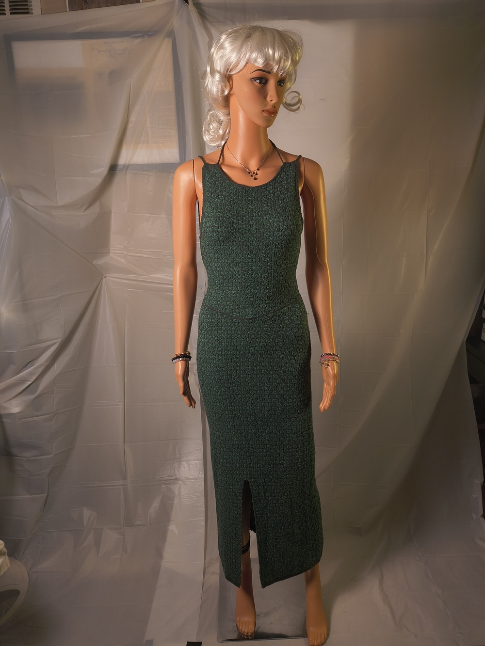 FP Beach Free People Mindy Green Open Back Knit Midi Dress S Front Slit
